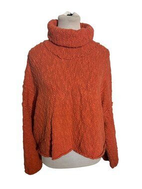Free People Oversized Textured Knit Turtleneck Cropped Burnt Orange Sweater S